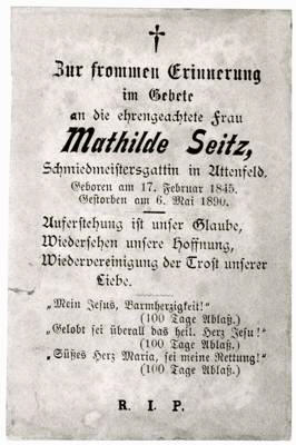 Sterbebildchen Mathilde Seitz *1845 †1890