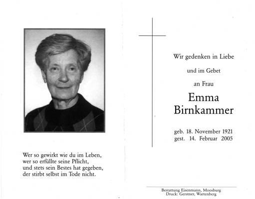 Sterbebildchen Emma Birnkammer, *1921 †2005