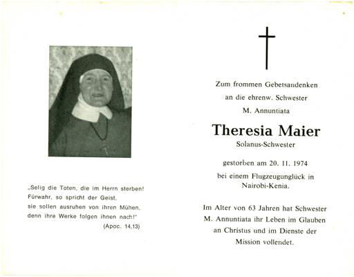 Sterbebildchen Theresia Maier, *1911 †1974