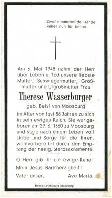 Sterbebildchen Therese Wasserburger *1860 †1948