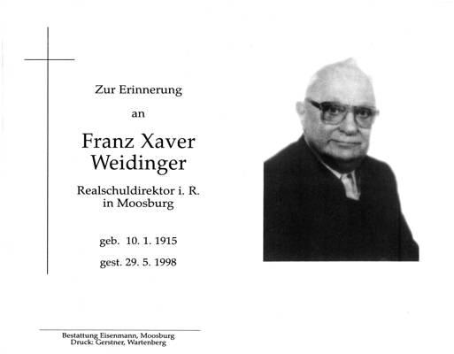 Sterbebildchen Franz Xaver Weidinger, *1915 †1998