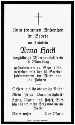 Sterbebildchen Anna Hackl *1888 †1955