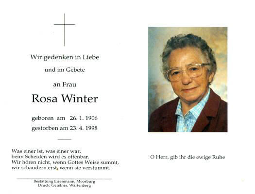 Sterbebildchen Rosa Winter, *1906 †1998