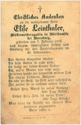 Sterbebildchen Elise Leinthaler *1853 †1893