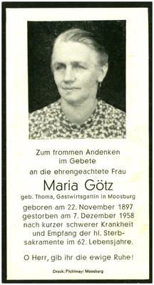 Sterbebildchen Maria Gtz *1897 †1958