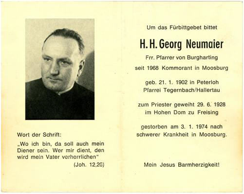 Sterbebildchen H.H. Georg Neumaier, *1902 †1974