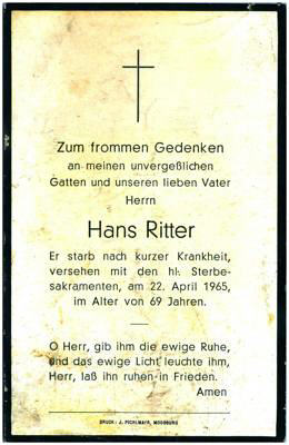 Sterbebildchen Hans Ritter, *1896 †1965
