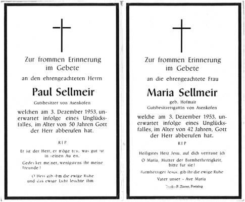 Sterbebildchen Paul Sellmeir *1903 und Maria Sellmeir *1911 beide †3.12.1953