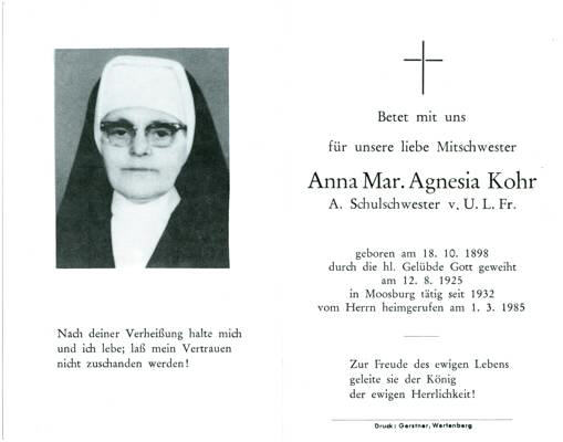 Sterbebildchen Anna Mar. Agnesia Kohr, *1898 1985