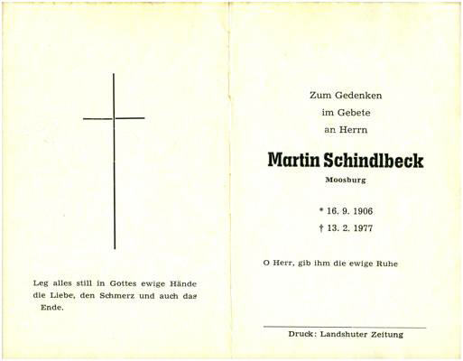 Sterbebildchen Martin Schindlbeck, *1906 †1977