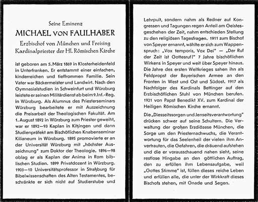 Sterbebildchen Michael von Faulhaber *1869 †1952