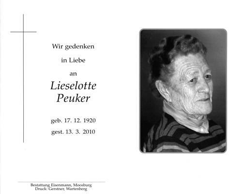 Sterbebildchen Lieselotte Peuker, *1920 †2010