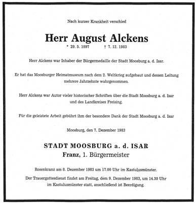 Todesanzeige August Alckens, *1897 †1983