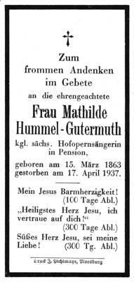 Sterbebildchen Mathilde Hummel-Gutermuth, *1863  †1937
