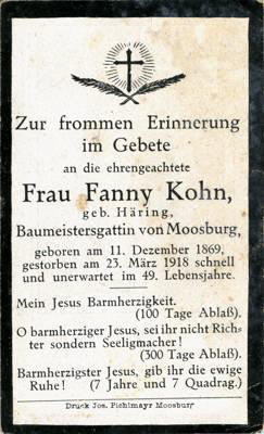 Sterbebildchen Fanny Kohn, *1869 †1918