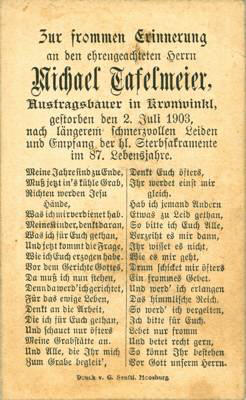 Sterbebildchen Michael Tafelmeier, *1816 1903
