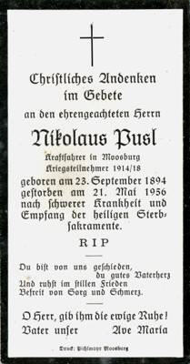 Sterbebildchen Nikolaus Pusl, *1894 †1956