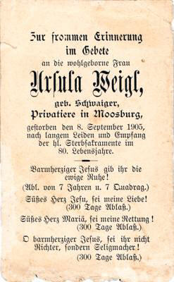 Sterbebildchen Ursula Weigl, *1825 †1905