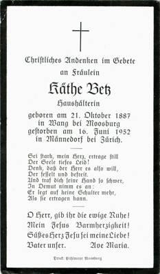 Sterbebildchen Kthe Betz, *1887 1952