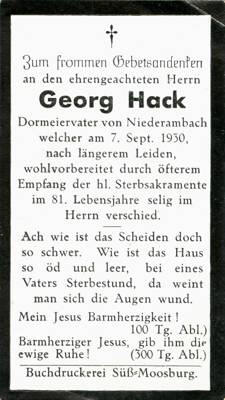 Sterbebildchen Georg Hack, *1849 †1930