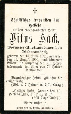 Sterbebildchen Vitus Hack, *1821 †1900