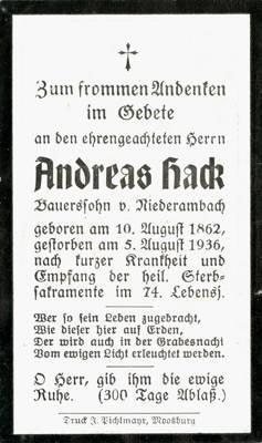 Sterbebildchen Andreas Hack, *1862 †1936