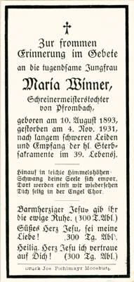Sterbebildchen Maria Winner, *1893 †1931