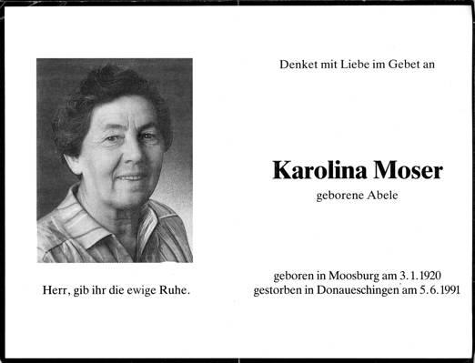 Sterbebildchen Karolina Moser, *1920 †1991