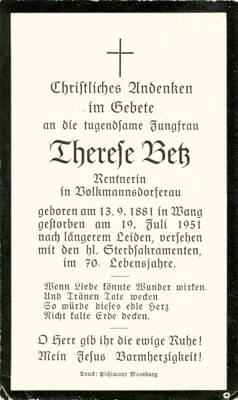 Sterbebildchen Therese Betz, *1878 †1949