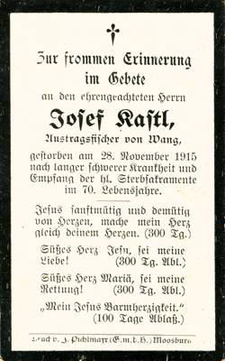 Sterbebildchen Josef Kastl, *1845 †1915