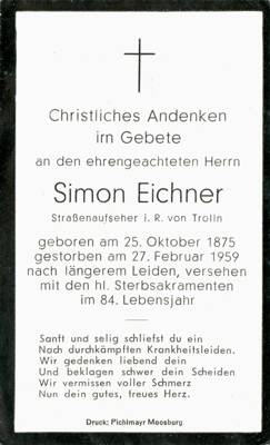 Sterbebildchen Simon Eichner, *1875 †1959