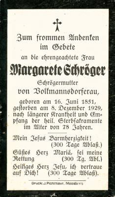 Sterbebildchen Margarete Schrger, *1851 †1929