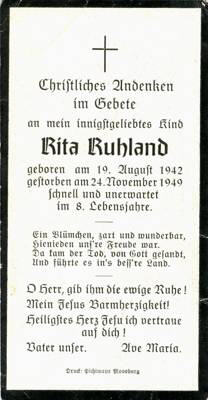 Sterbebildchen Rita Ruhland, *1942 †1949