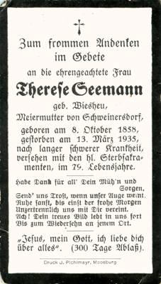 Sterbebildchen Therese Seemann, *1858 †1935