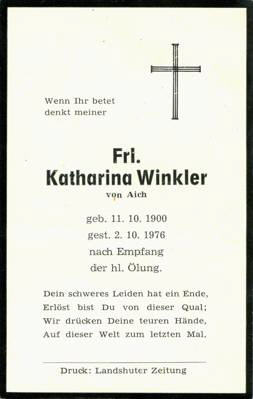 Sterbebildchen Katharina Winkler, *1900 †1976