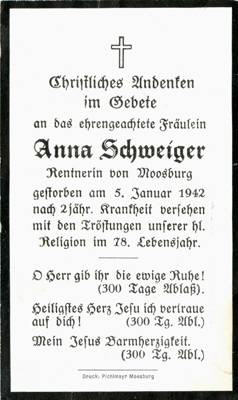 Sterbebildchen Anna Schweiger, *1864 †1942