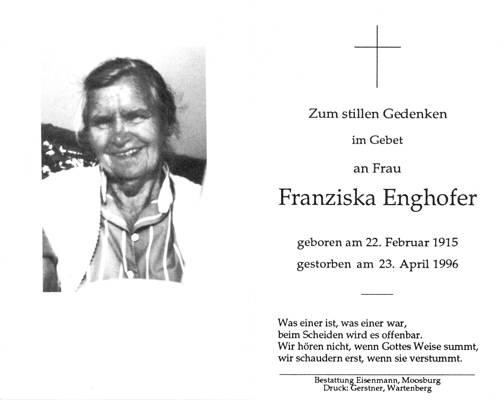 Sterbebildchen Franziska "Fanny" Enghofer, *1915 †1996