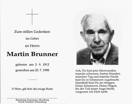 Sterbebildchen Martin "Martl" Brunner, *1913 1998