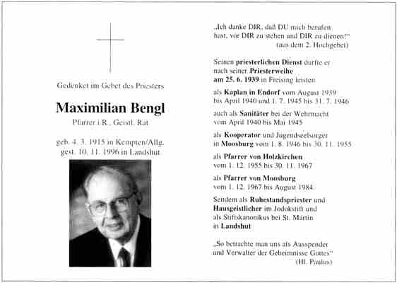 Sterbebildchen Max Bengl *1915 †1996