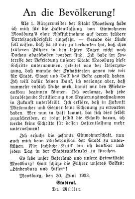 Moosburg, Brgermeister Dr. Mller in der Moosburger Zeitung vom 30. Juni 1933 An die Bevlkerung !