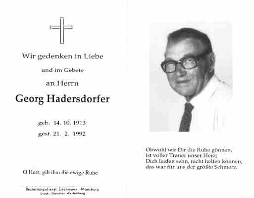 Sterbebildchen Georg Hadersdorfer, *1913 1992