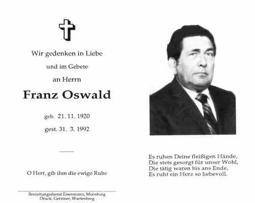 Sterbebildchen Franz Oswald, *1920 1992