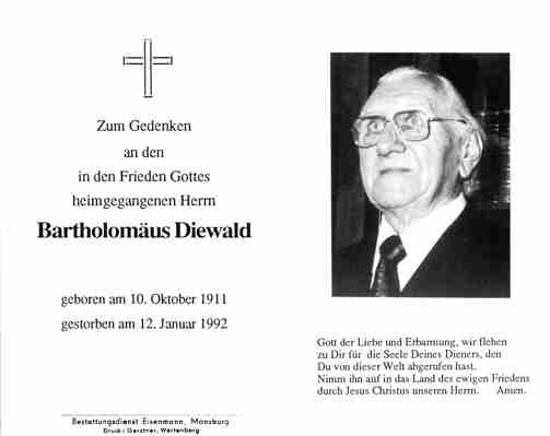Sterbebildchen Bartholomus Diewald, *1911 †1992