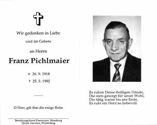 Sterbebildchen Franz Pichlmaier, *1918 †1992