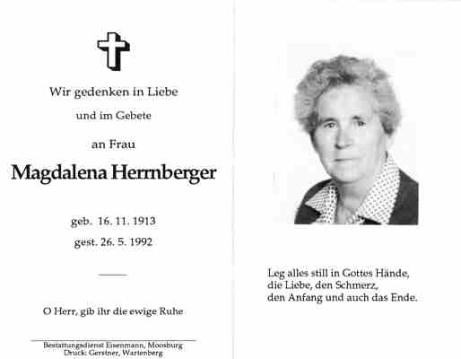 Sterbebildchen Magdalena Herrnberger, *1913 †1992
