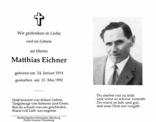 Sterbebildchen Matthias Eichner, *1914 †1992