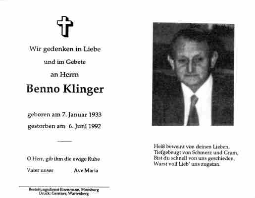 Sterbebildchen Benno Klinger, *1918 †1992