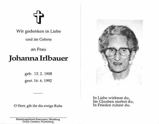 Sterbebildchen Johanna Irlbauer, *1908 †1992