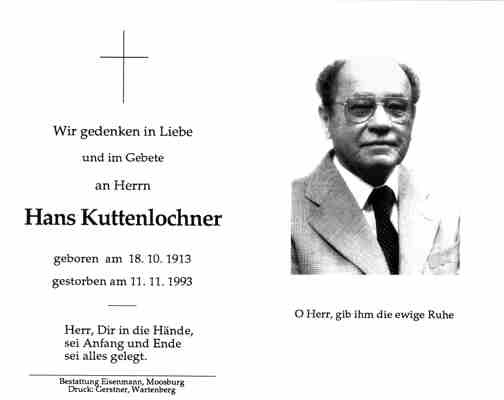 Sterbebildchen Hans Kuttenlochner, *1913 1993