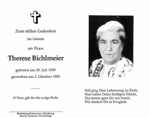 Sterbebildchen Therese Bichlmeier, *1909 †1992